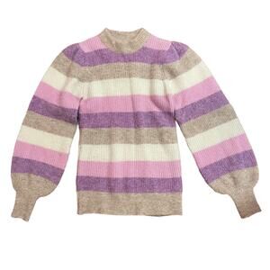 Ganni Striped Balloon Sleeve Sweater Purple Pink Beige